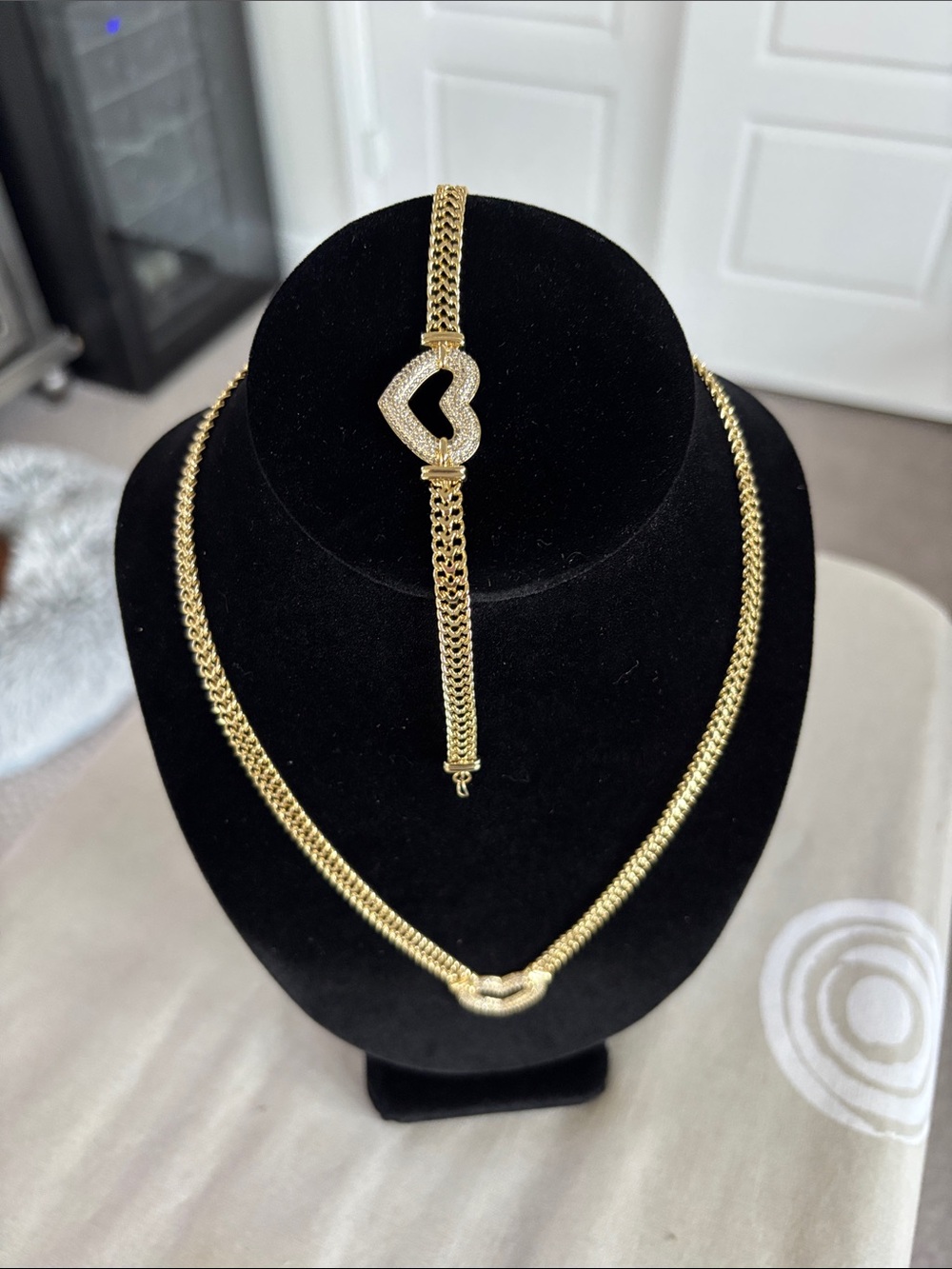 Gold Pave Heart Pendant Necklace and Bracelet Set